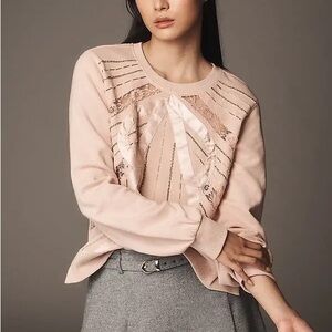 Anthropologie Blush Pink Beaded Embellished Bow Coquette Crewneck Sweatshirt